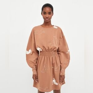 Zara Tan Long Sleeve Dress with Artistic Print